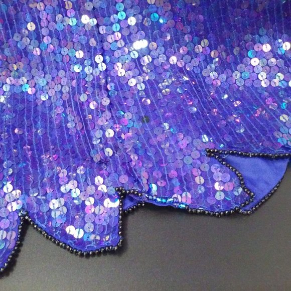 Vintage 80s Stenay India Silk Sequin Blouse Beaded Top Ladies-M Flower Leaf Blue - Picture 11 of 12